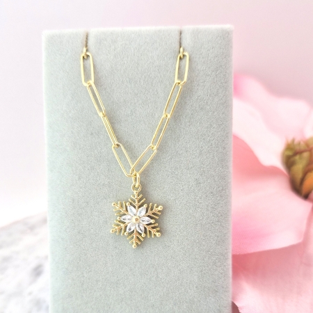 NASZYJNIK SREBRNY SPINACZ ŁAŃCUCH ŚNIEŻYNKA CYRKONIE SREBRO 925 ZŁOCONE